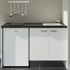 Kitchenette K17 - 140 cm - Façades : Blanc - Plan de travail : Noir - Crédences : Non - Evier