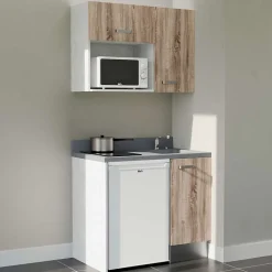 Kitchenette K00 - 100 cm - façades Bois - Plan monobloc en quartz coloris Cromo évier à droite - Electroménager Blanc