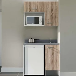Kitchenette K00 - 100 cm - façades Bois - Plan monobloc en quartz coloris Cromo évier à droite - Electroménager Blanc