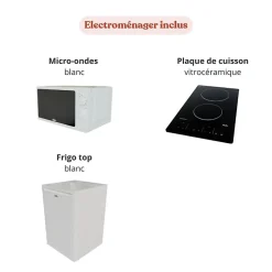 Kitchenette K00 - 100 cm - façades Bois - Plan monobloc en quartz coloris Cromo évier à droite - Electroménager Blanc