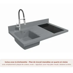 Kitchenette K00 - 100 cm - façades Gris - Plan monobloc en quartz coloris Cromo évier à gauche