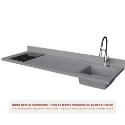 Kitchenette K55 - 180 cm - façades Gris - Plan monobloc en quartz coloris Cromo évier à droite - Electroménager Blanc