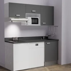 Kitchenette K55 - 180 cm - façades Gris - Plan monobloc en quartz coloris Nero évier à droite