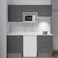 Kitchenette K20 - 180 cm - façades Gris - Plan monobloc en quartz coloris Snova évier à gauche