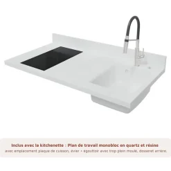 Kitchenette K07 - 120 cm - façades Blanc - Plan monobloc en quartz coloris Snova évier à droite