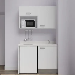 Kitchenette K07 - 120 cm - façades Blanc - Plan monobloc en quartz coloris Snova évier à droite
