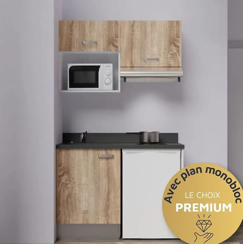 Kitchenette K02 - 120 cm - façades Bois - Plan monobloc en quartz coloris Nero évier à gauche