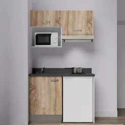Kitchenette K02 - 120 cm - façades Bois - Plan monobloc en quartz coloris Nero évier à gauche