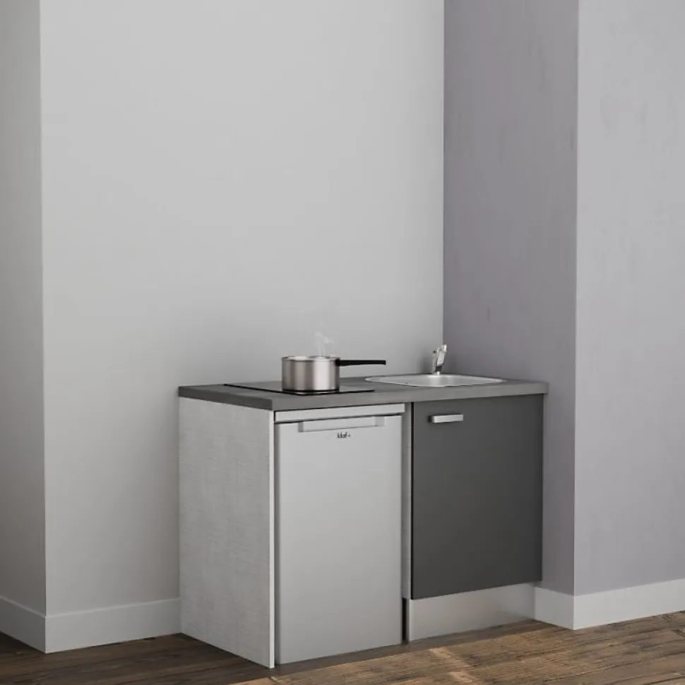 Kitchenette K08 - 120 cm - Façades : Gris - Plan de travail : Gris béton - Crédences : Non - Evier Inox