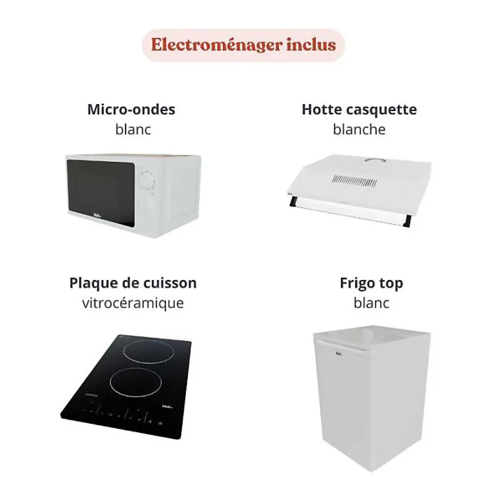 Kitchenette K13 - 140 cm - façades Noir - Plan monobloc en quartz coloris Cromo évier à gauche - Electroménager Blanc