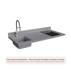 Kitchenette K13 - 140 cm - façades Noir - Plan monobloc en quartz coloris Cromo évier à gauche - Electroménager Blanc