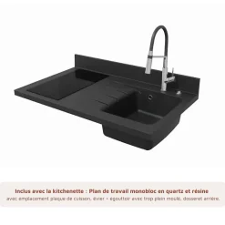 Kitchenette K00 - 100 cm - façades Noir - Plan monobloc en quartz coloris Nero évier à droite