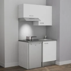 Kitchenette K01 - 120 cm - Façades : Blanc - Plan de travail : Gris béton - Crédences : Non - Evier Inox