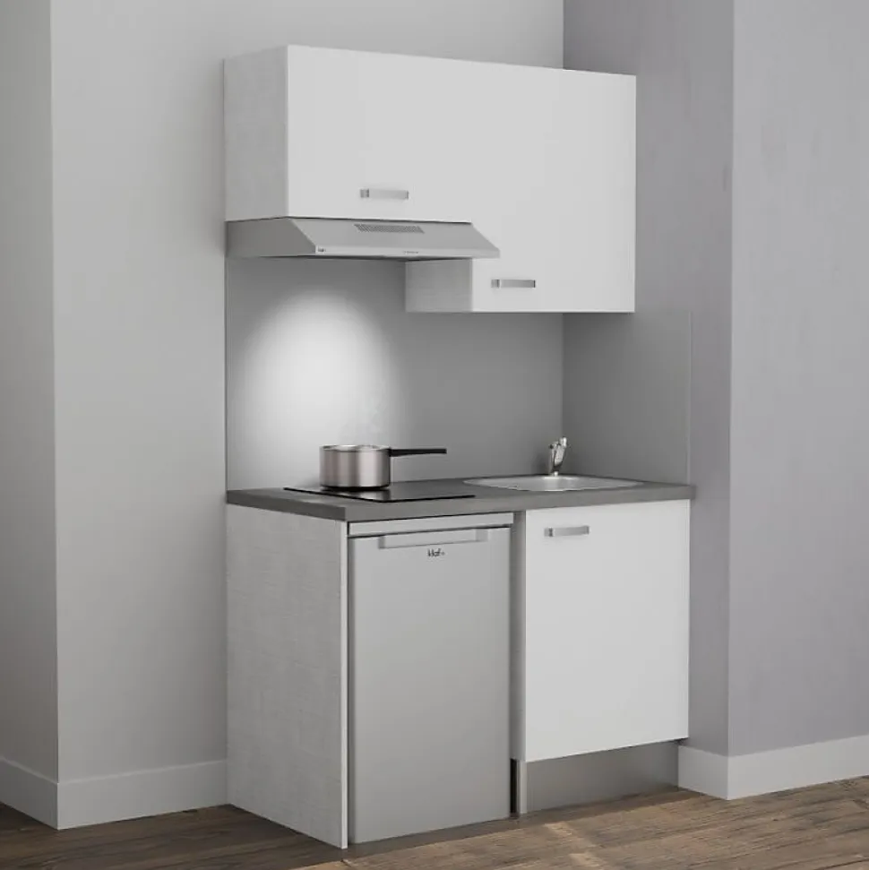 Kitchenette K01 - 120 cm - Façades : Blanc - Plan de travail : Gris béton - Crédences : Non - Evier Inox