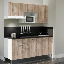 Kitchenette K30 - 180 cm - Façades : Bois - Plan de travail : Noir - Crédences : Oui - Evier