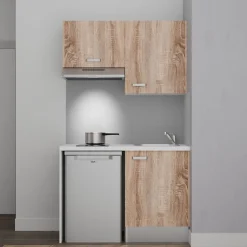 Kitchenette K01 - 120 cm - Façades : Bois - Plan de travail : Blanc - Crédences : Non - Evier Inox