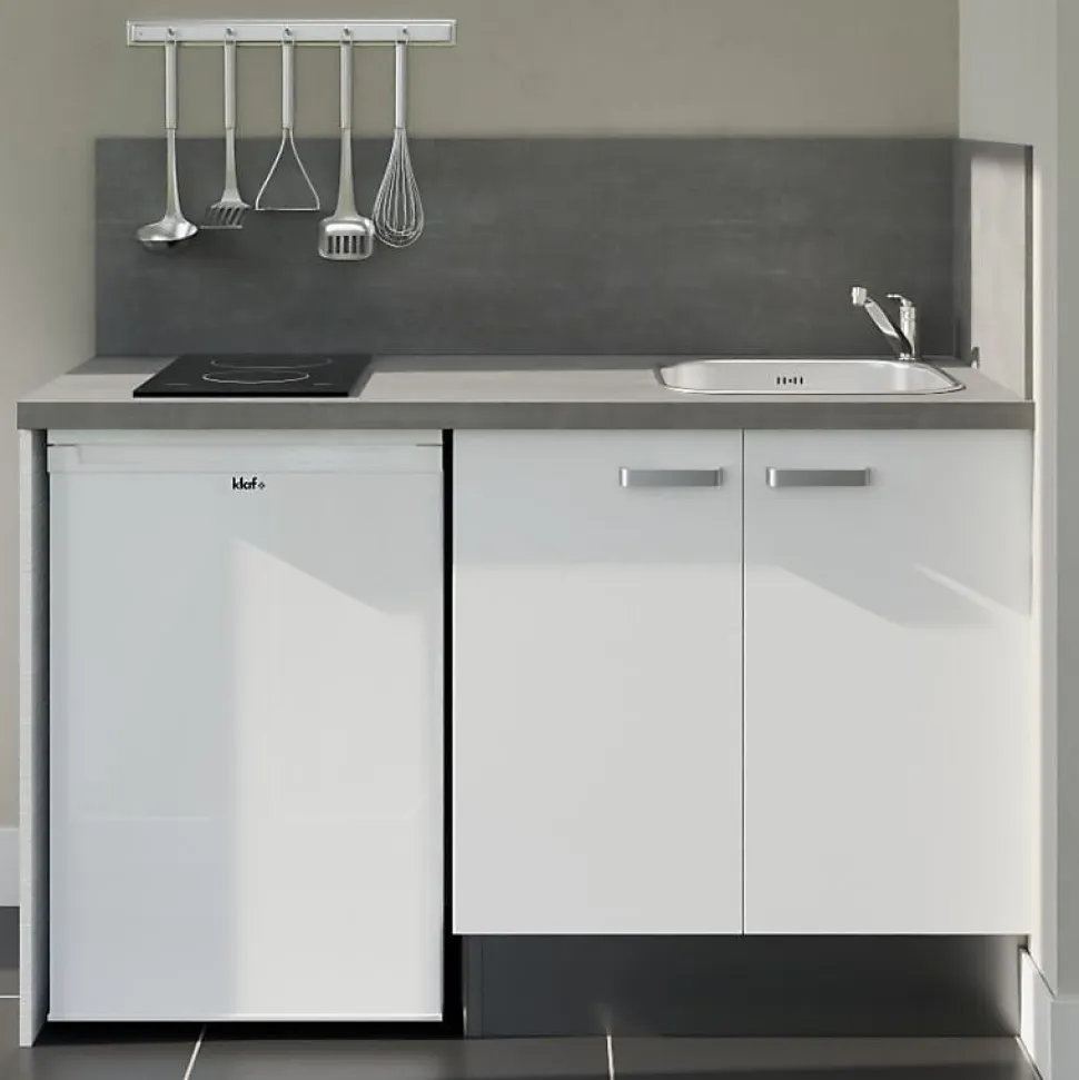 Kitchenette K17 - 140 cm - Façades : Blanc - Plan de travail : Gris - Crédences : Oui - Evier