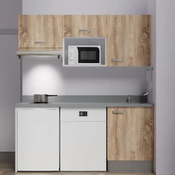 Kitchenette K55 - 180 cm - façades Bois - Plan monobloc en quartz coloris Cromo évier à droite