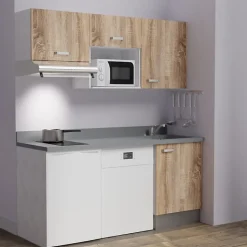 Kitchenette K55 - 180 cm - façades Bois - Plan monobloc en quartz coloris Cromo évier à droite