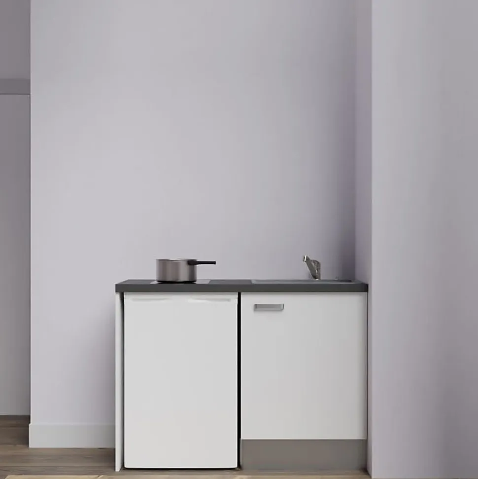 Kitchenette K08 - 120 cm - Façades : Blanc - Plan de travail : Noir texturé - Crédences : Non - Evier Gris