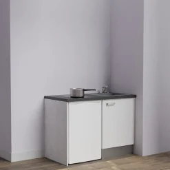 Kitchenette K08 - 120 cm - Façades : Blanc - Plan de travail : Noir texturé - Crédences : Non - Evier Gris