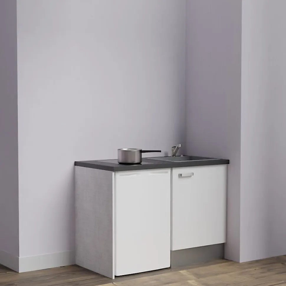 Kitchenette K08 - 120 cm - Façades : Blanc - Plan de travail : Noir texturé - Crédences : Non - Evier Gris