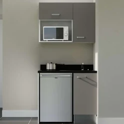 Kitchenette K00 - 100 cm - façades Gris - Plan monobloc en quartz coloris Nero évier à droite - Electroménager Inox