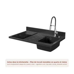 Kitchenette K00 - 100 cm - façades Gris - Plan monobloc en quartz coloris Nero évier à droite - Electroménager Inox