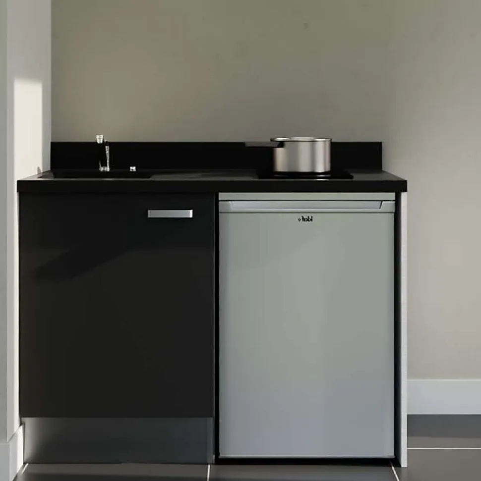 Kitchenette K08 - 120 cm - façades Noir - Plan monobloc en quartz coloris Nero évier à gauche