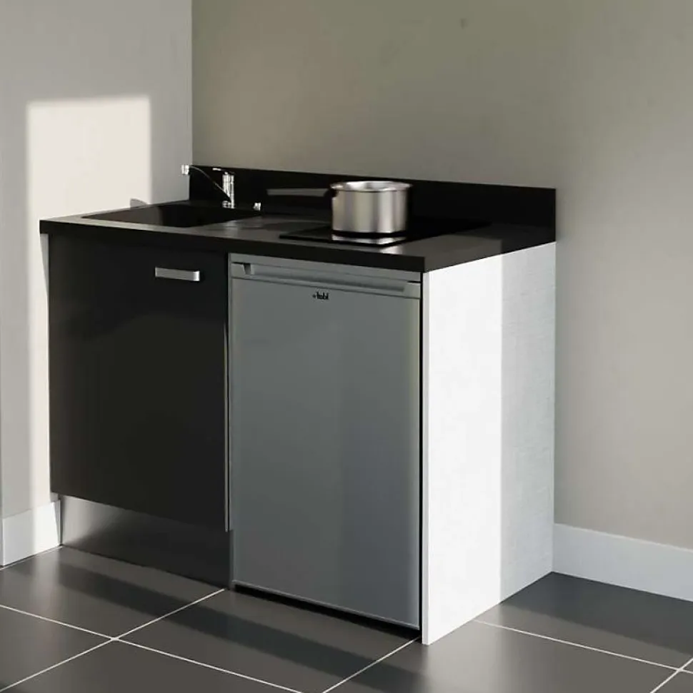 Kitchenette K08 - 120 cm - façades Noir - Plan monobloc en quartz coloris Nero évier à gauche
