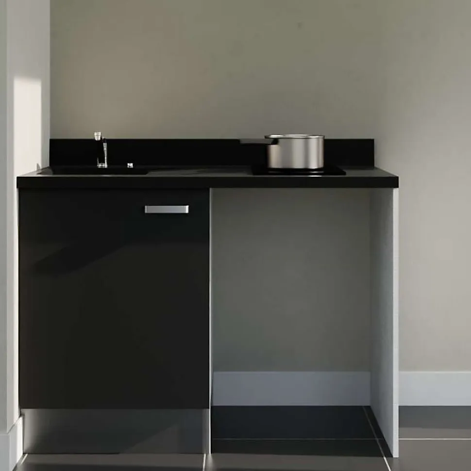 Kitchenette K08 - 120 cm - façades Noir - Plan monobloc en quartz coloris Nero évier à gauche