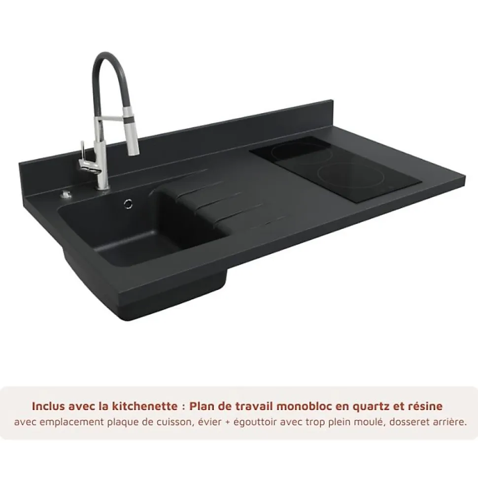 Kitchenette K08 - 120 cm - façades Noir - Plan monobloc en quartz coloris Nero évier à gauche