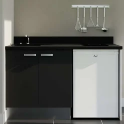 Kitchenette K17 - 140 cm - façades Noir - Plan monobloc en quartz coloris Nero évier à gauche