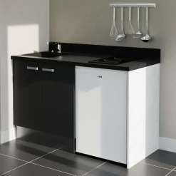 Kitchenette K17 - 140 cm - façades Noir - Plan monobloc en quartz coloris Nero évier à gauche