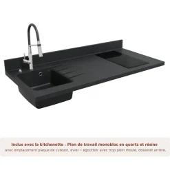Kitchenette K17 - 140 cm - façades Noir - Plan monobloc en quartz coloris Nero évier à gauche