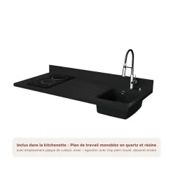 Kitchenette K17 - 140 cm - façades Noir - Plan monobloc en quartz coloris Nero évier à droite - Electroménager Blanc