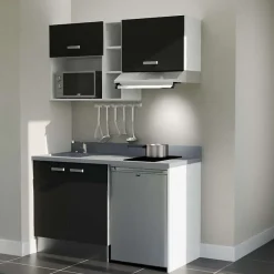 Kitchenette K13 - 140 cm - façades Noir - Plan monobloc en quartz coloris Cromo évier à gauche