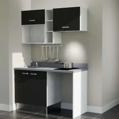Kitchenette K13 - 140 cm - façades Noir - Plan monobloc en quartz coloris Cromo évier à gauche