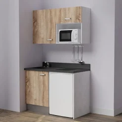 Kitchenette K07 - 120 cm - façades Bois - Plan monobloc en quartz coloris Nero évier à gauche