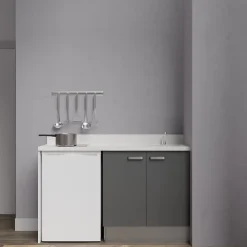 Kitchenette K17 - 140 cm - façades Gris - Plan monobloc en quartz coloris Snova évier à droite