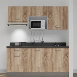 Kitchenette K30 - 180 cm - façades Bois - Plan monobloc en quartz coloris Nero évier à droite