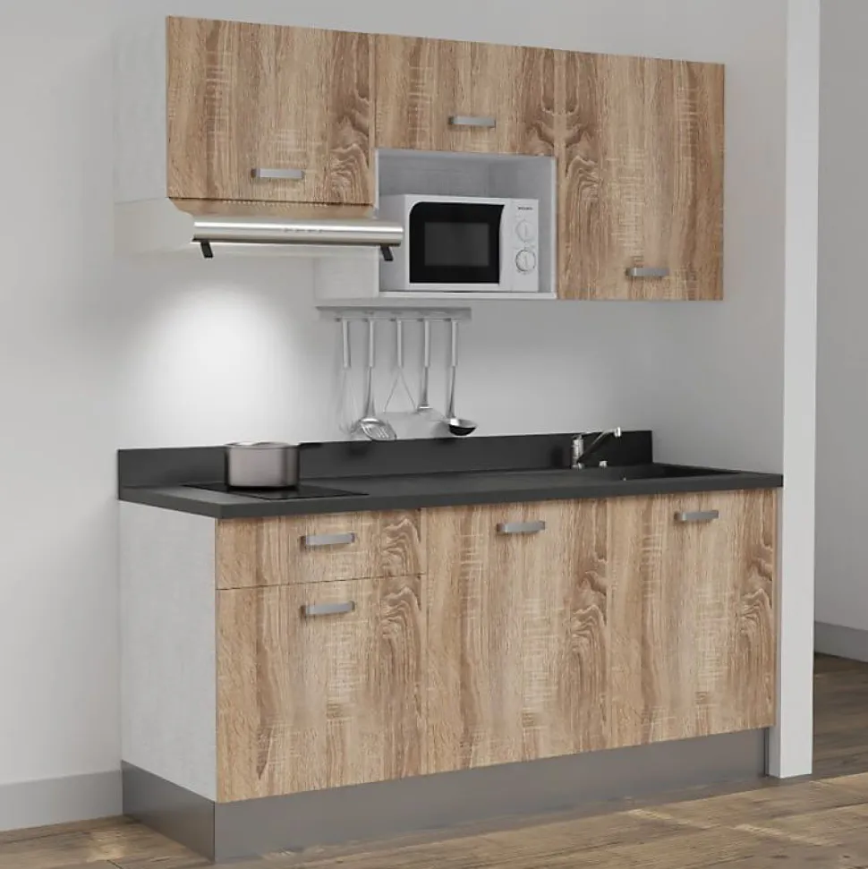 Kitchenette K30 - 180 cm - façades Bois - Plan monobloc en quartz coloris Nero évier à droite