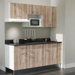 Kitchenette K30 - 180 cm - façades Bois - Plan monobloc en quartz coloris Nero évier à droite - Electroménager Blanc