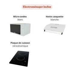 Kitchenette K30 - 180 cm - façades Bois - Plan monobloc en quartz coloris Nero évier à droite - Electroménager Blanc