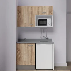 Kitchenette K07 - 120 cm - façades Bois - Plan monobloc en quartz coloris Cromo évier à gauche