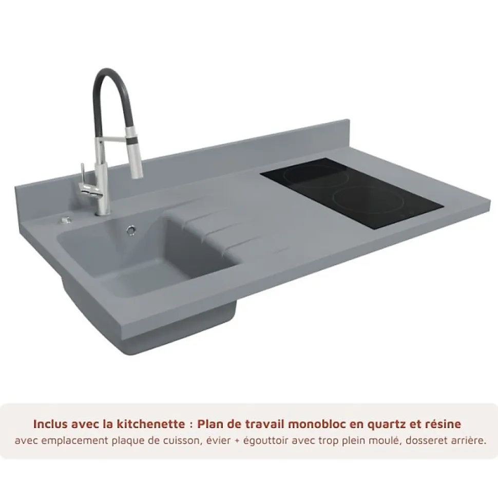 Kitchenette K07 - 120 cm - façades Bois - Plan monobloc en quartz coloris Cromo évier à gauche