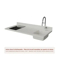 Kitchenette K17 - 140 cm - façades Blanc - Plan monobloc en quartz coloris Snova évier à droite - Electroménager Blanc