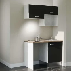 Kitchenette K02 - 120 cm - Façades : Noir - Plan de travail : Bois - Crédences : Non - Evier Inox