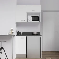 Kitchenette K00 - 100 cm - façades Blanc - Plan monobloc en quartz coloris Nero évier à gauche