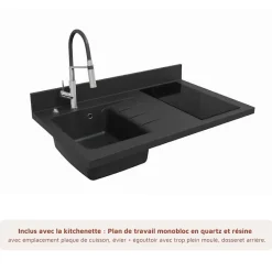 Kitchenette K00 - 100 cm - façades Blanc - Plan monobloc en quartz coloris Nero évier à gauche